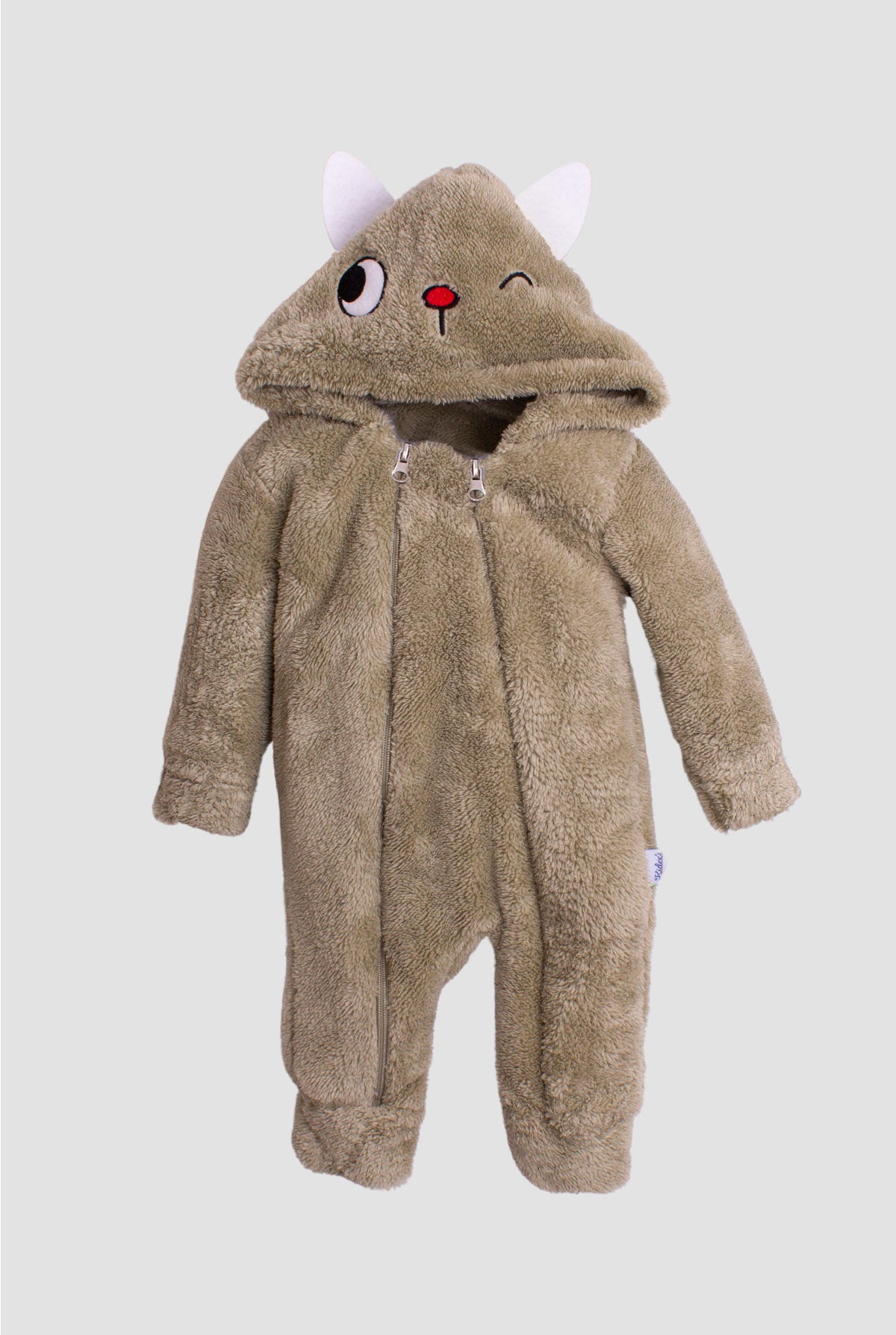 Unisex Bebek Kedi Figürlü Fermuarlı Kapüşonlu Peluş Tulum 0 12 Ay